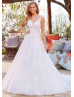 V Neck Beaded White Lace Tulle V Back Wedding Dress